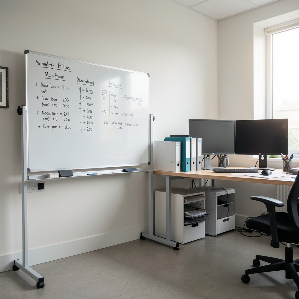 Wide-angle view of the Atilos studio workspace showing a whiteboard covered in macronutrient calculation notes, filing folders, and a standing desk with dual monitors