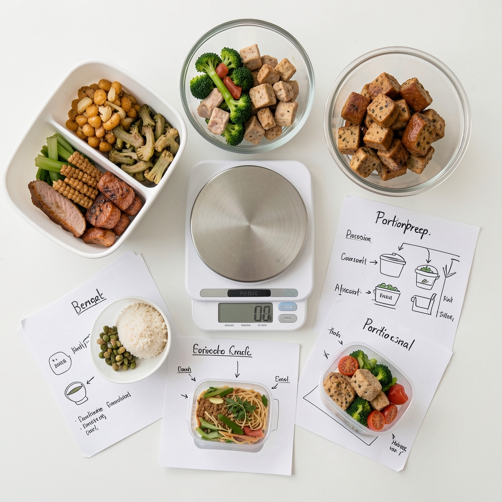 Overhead flat-lay of a meal composition planning session with a digital food scale, portioned protein sources, and annotated meal-prep cards on a clean white surface