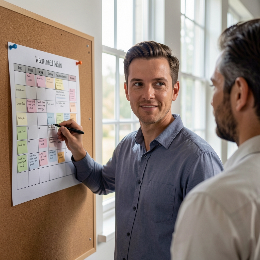 Studio team in a collaborative discussion around a printed weekly meal-plan chart pinned to a corkboard, with natural light from tall windows in the background