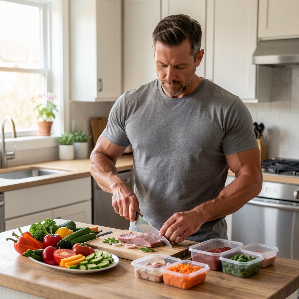 Athletic man over 30 in a well-lit kitchen preparing a structured meal with fresh vegetables, protein sources, and portion containers on a wooden countertop