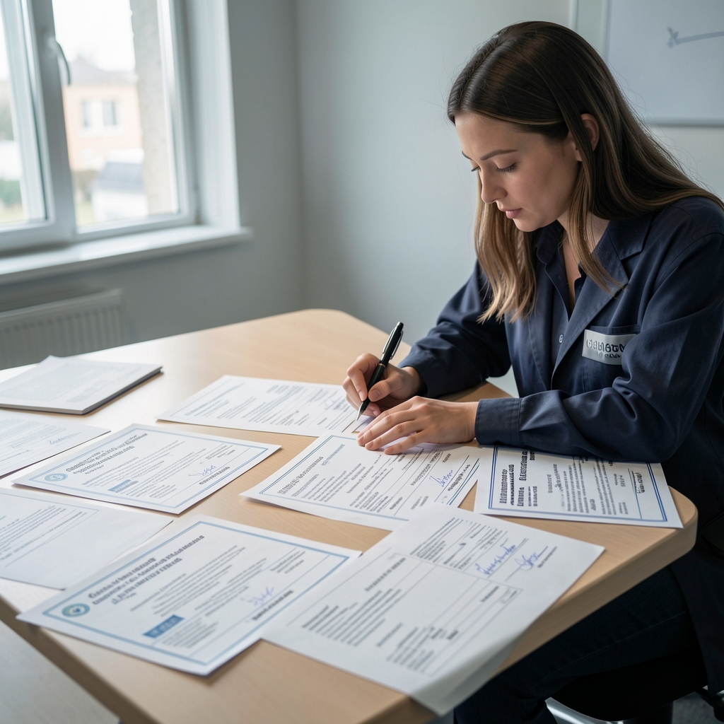 Quality control documentation session showing ingredient sourcing certificates spread across a table with a researcher cross-referencing lot numbers under controlled lighting
