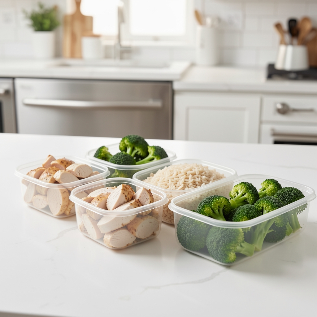 Organized meal prep containers filled with portioned chicken, brown rice, and steamed broccoli arranged on a clean kitchen counter under bright studio lighting