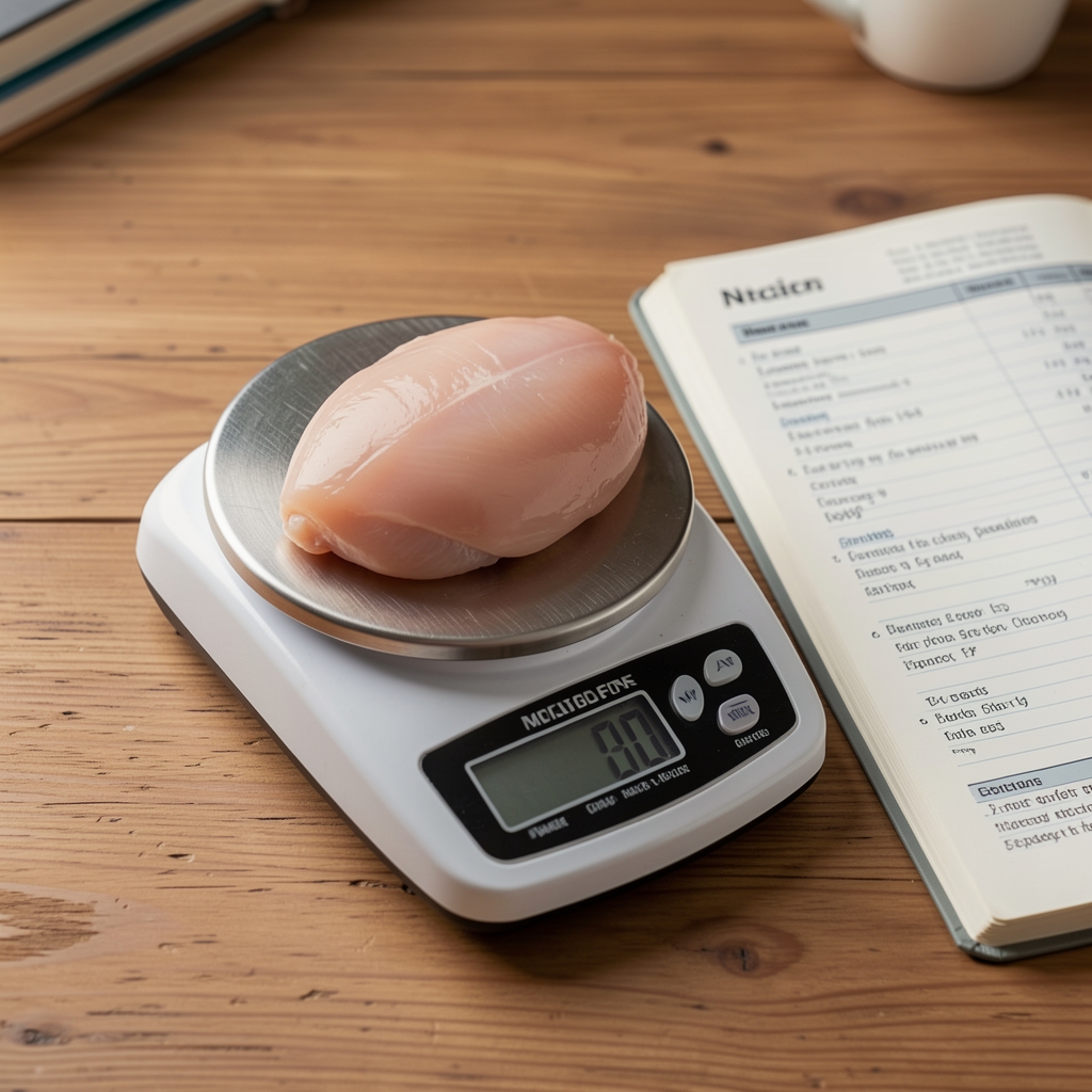 Close-up of a food scale weighing a raw chicken breast with a nutrition tracking journal open beside it on a wooden desk
