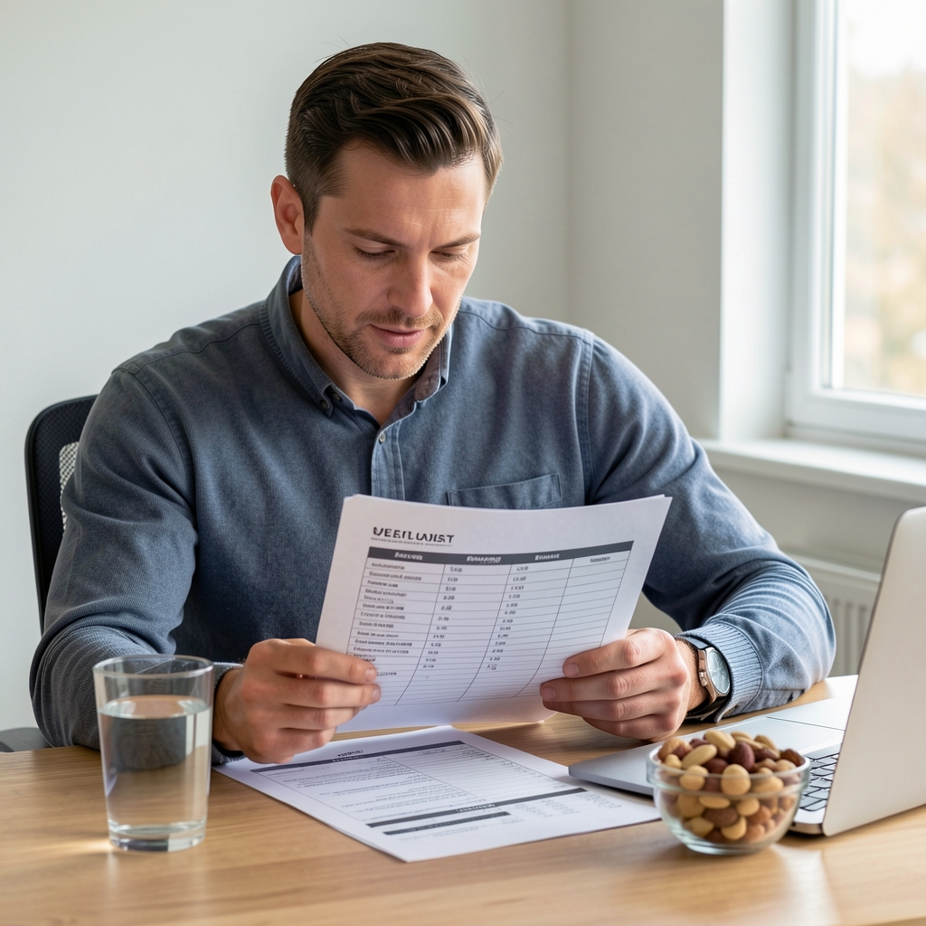 Man in his mid-thirties sitting at a desk reviewing a printed meal plan with a glass of water and a bowl of mixed nuts beside a laptop