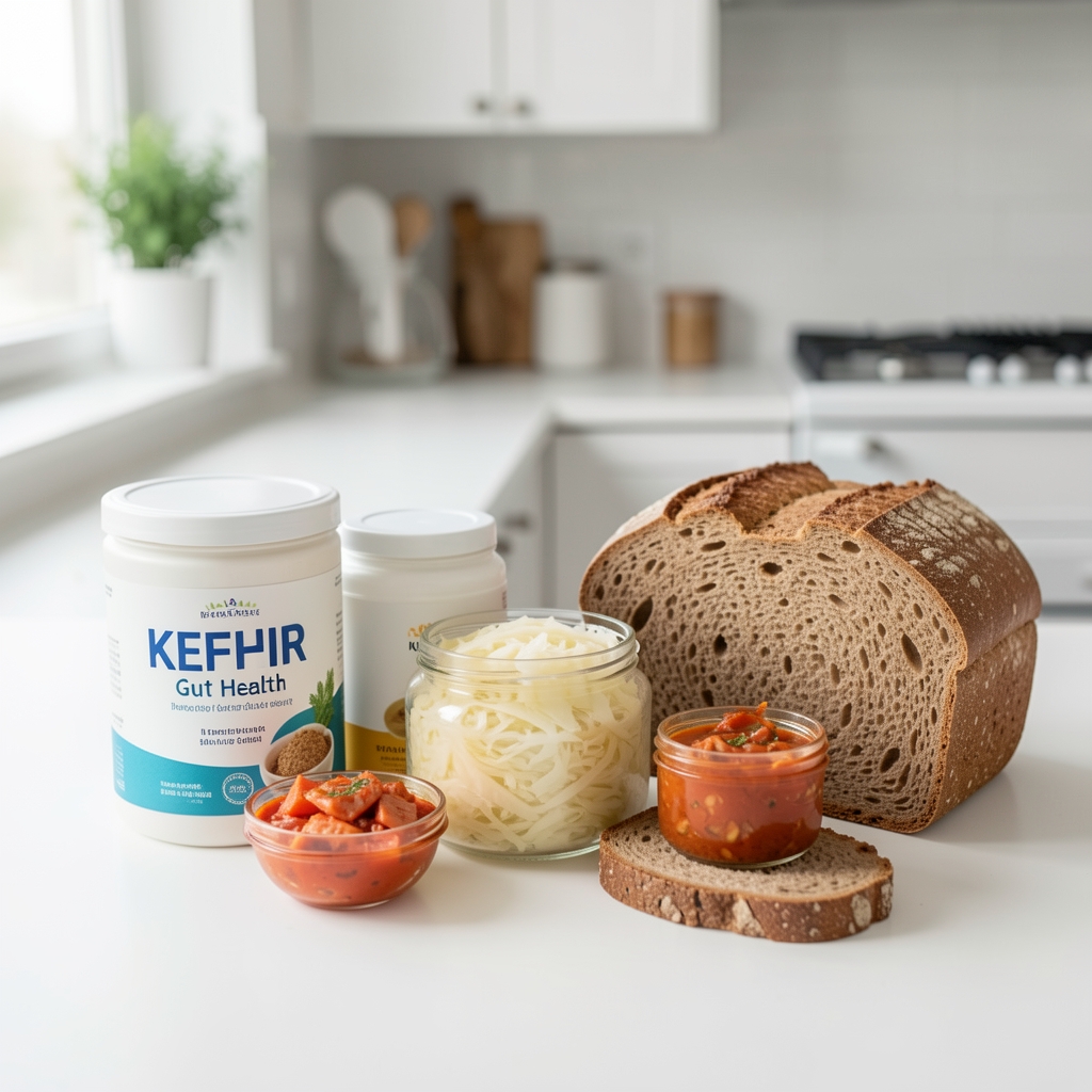 Fermented foods and gut health ingredients including kefir, sauerkraut, kimchi, and whole grain bread displayed on a clean white kitchen surface