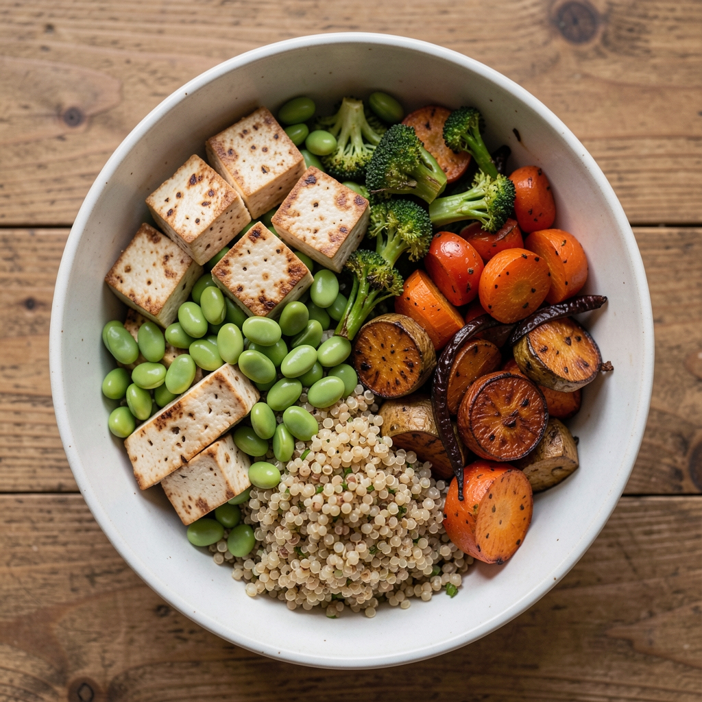 Plant-based protein meal bowl with tofu, edamame, quinoa, and roasted vegetables photographed from overhead on a wooden surface with natural lighting