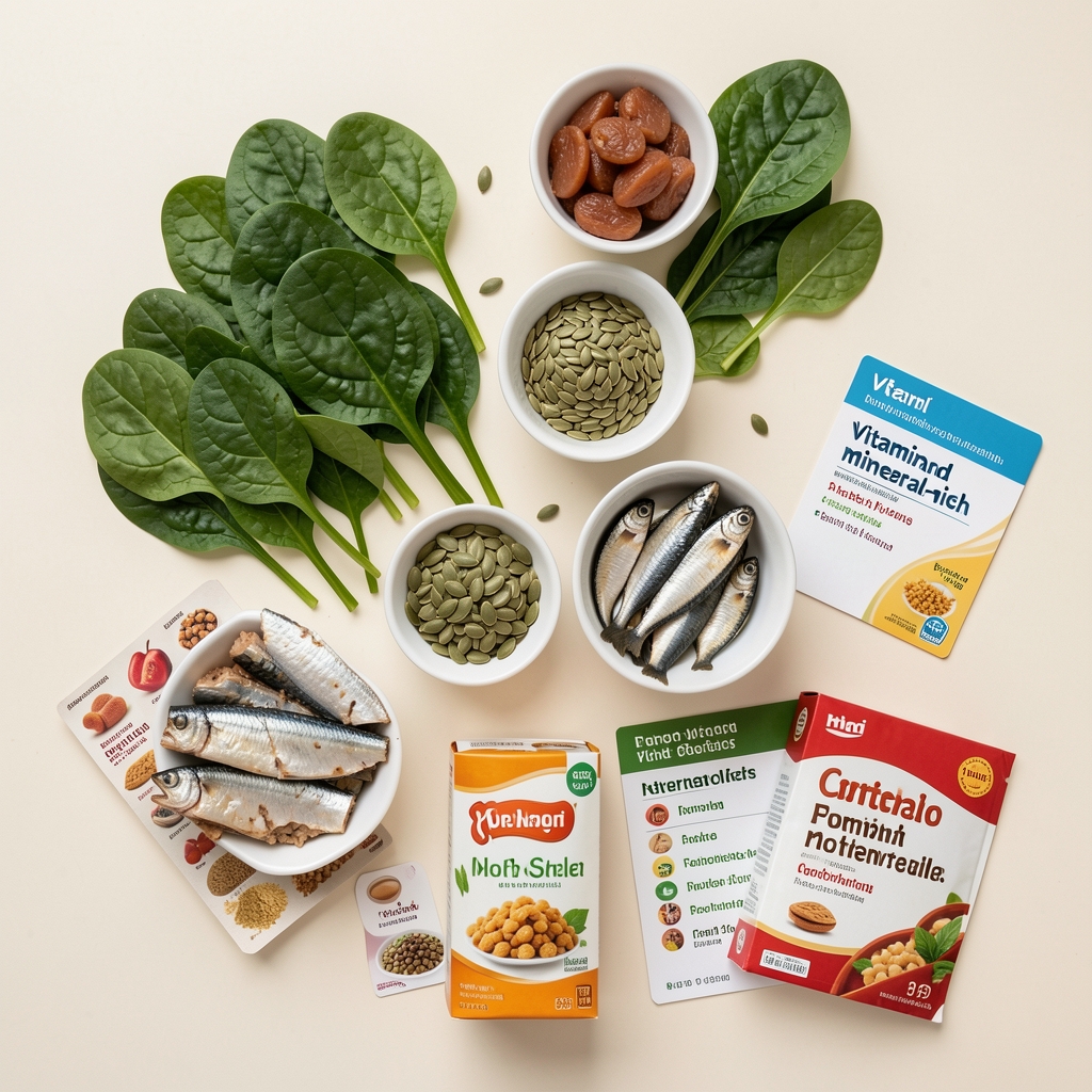Vitamin and mineral-rich whole foods including spinach, pumpkin seeds, sardines, and fortified cereals laid out on a light background with nutrient information cards
